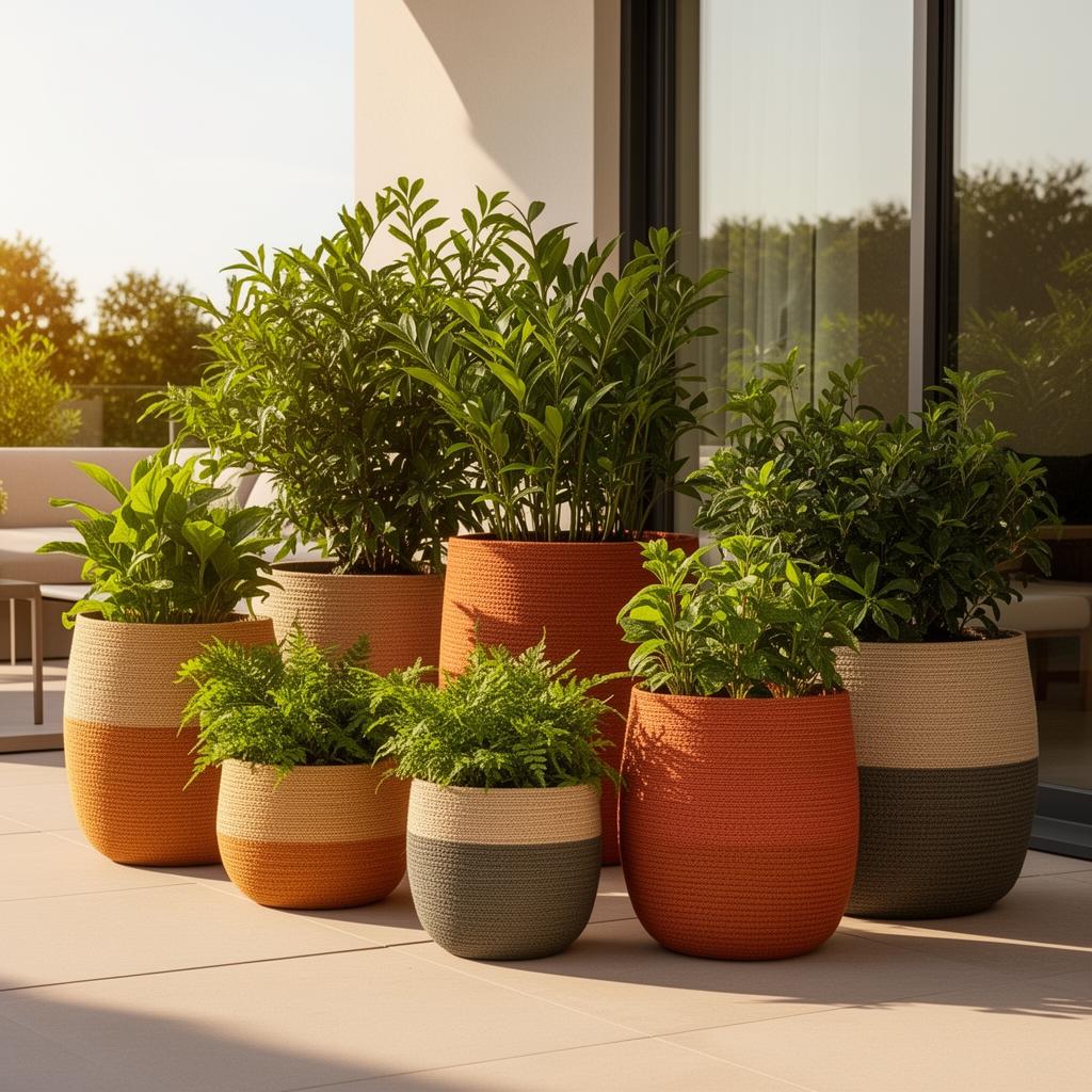 Soft woven planters gathered on a sunlit patio