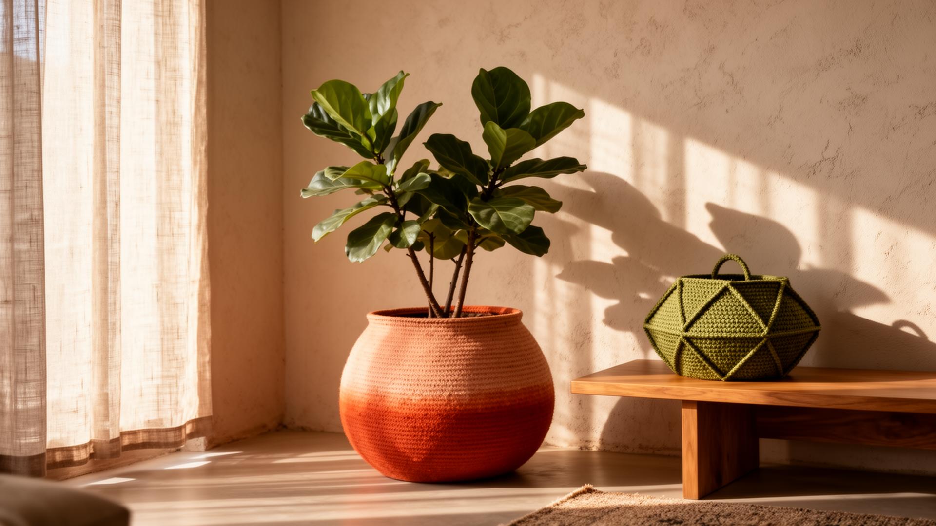 Terracotta soft woven planter holding a fiddle leaf fig with an olive green geometric planter on an oak side table in a sunlit modern African living room