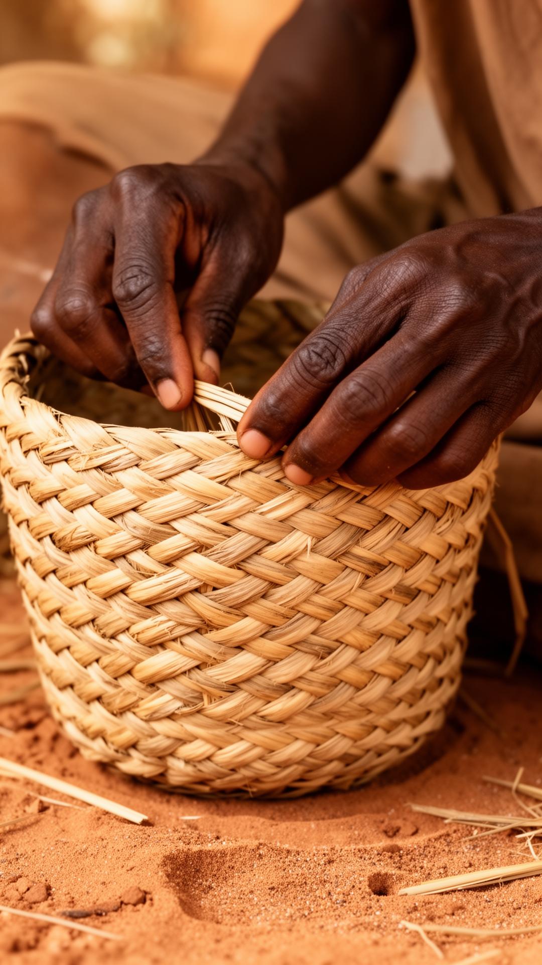 The hands of an African weaver shaping a soft planter