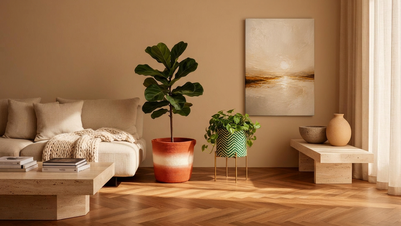 A sunlit African living room with soft woven planters resting on warm wood floors